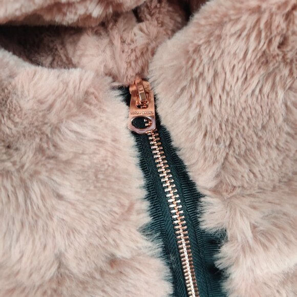 Lucky Brand L Womens Pink Faux Fur Hooded Jacket Rose Gold Zip Plush Cozy Warm - Picture 7 of 11